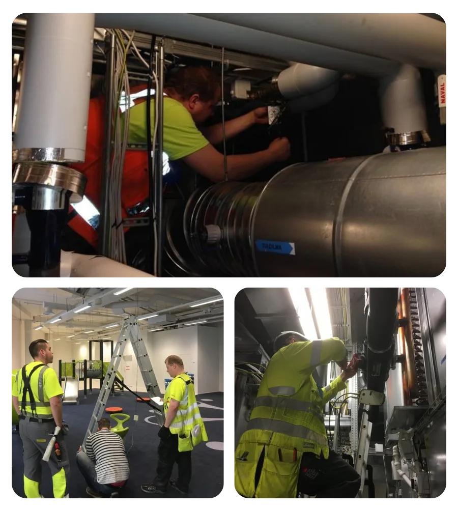 Kollaasi LVI-Westerholmin asentajista tekemässä LVI-mittaus ja säätö -töitä työmaalla